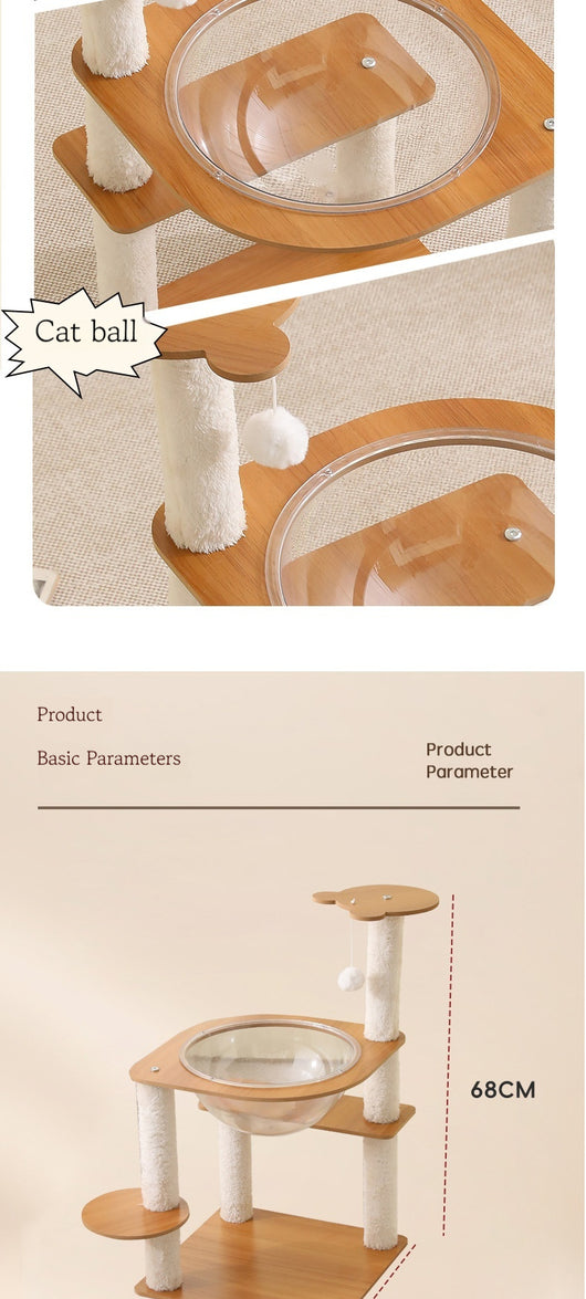 Multi-layer cat tree with a plush top bed, clear space capsule, wooden cat house, sisal scratching posts, and climbing stairs. - Image 11