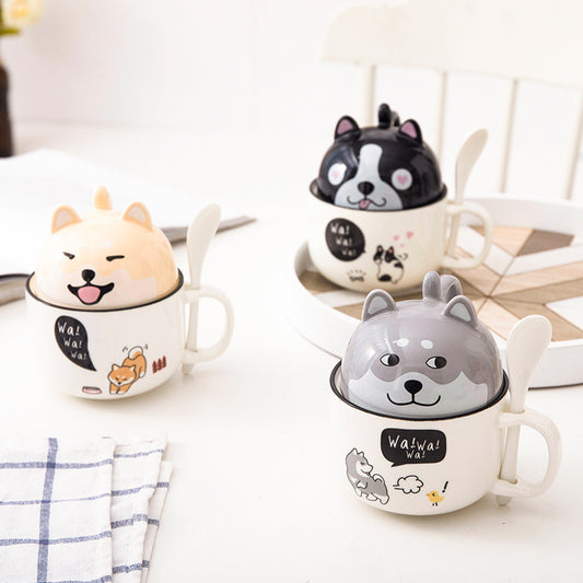 Taza de Oficina de Cerámica con Diseño Infantil, Tapa y Cuchara