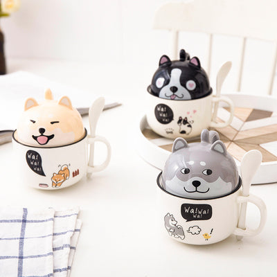 Taza de Oficina de Cerámica con Diseño Infantil, Tapa y Cuchara
