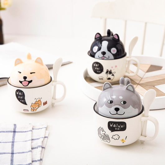 Taza de Oficina de Cerámica con Diseño Infantil, Tapa y Cuchara