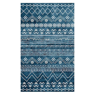 Rectangular area rug with white background and horizontal stripes of black, teal, and yellow tribal patterns. - Image 5