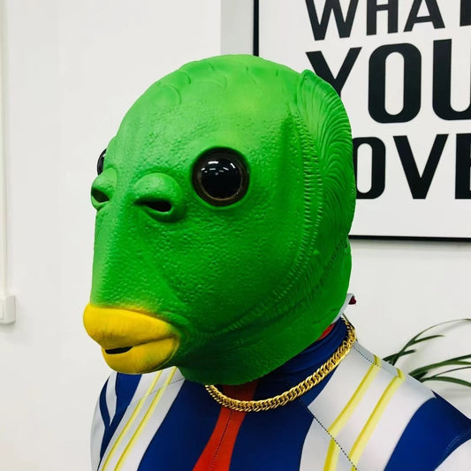 Máscara de Cabeza de Pez Verde - Disfraz Viral para Fiestas y Redes Sociales