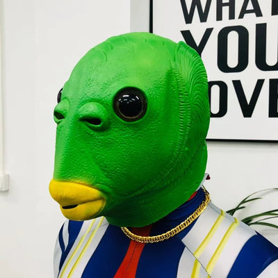 Máscara de Cabeza de Pez Verde - Disfraz Viral para Fiestas y Redes Sociales
