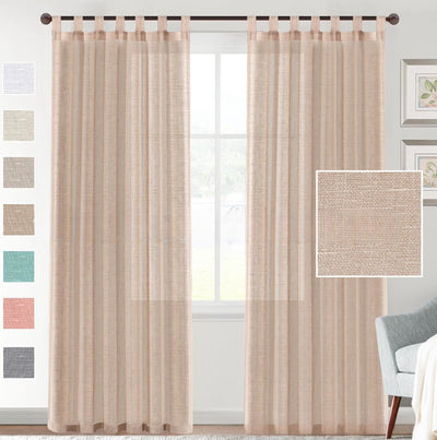 Light beige linen-look tab top curtains hanging on a dark rod, with a fabric swatch and color options. - Image 7