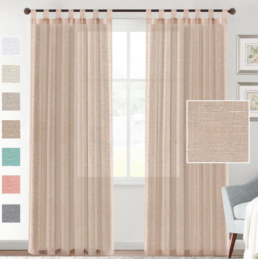 Light beige linen-look tab top curtains hanging on a dark rod, with a fabric swatch and color options. - Image 7