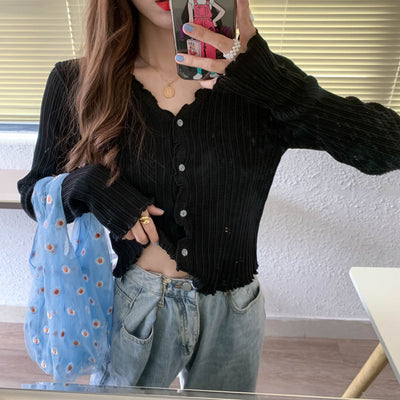 Cardigan de Protección Solar Primavera-Otoño con Textura de Oreja de Madera para Mujer - Image 6