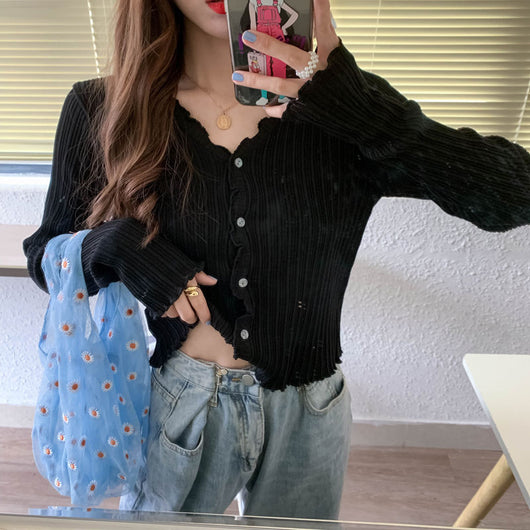 Cardigan de Protección Solar Primavera-Otoño con Textura de Oreja de Madera para Mujer - Image 6