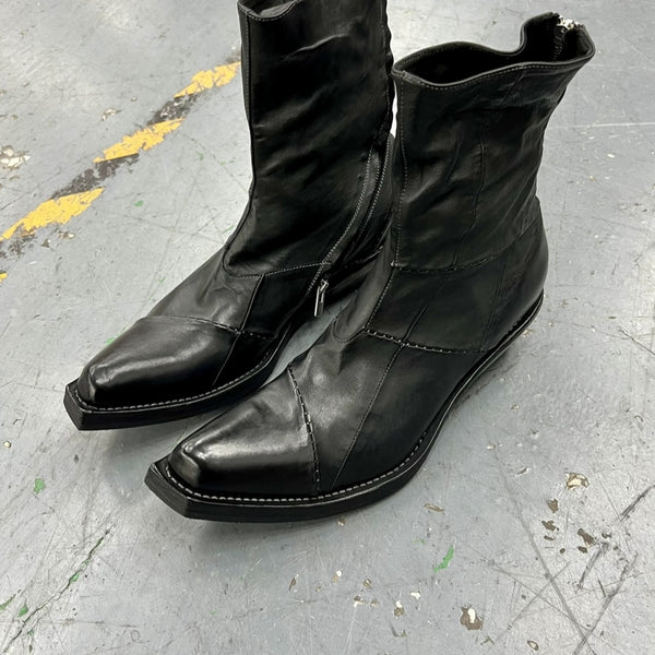 Botas Vaqueras Patchwork Retro con Costura Oscura y Punta Cuadrada