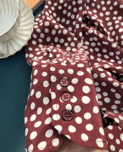 Camisa Vintage Burdeos con Lunares en Seda - Cuello Solapa Manga Larga - Image 24