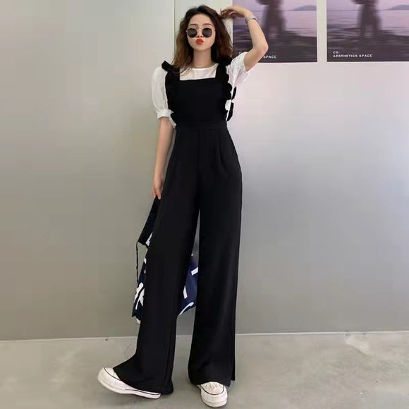 Conjunto de Dos Piezas: Pantalón Ancho con Tirantes y Blusa Entallada
