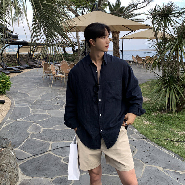 Camisa de Lino Manga Larga Color Sólido Estilo Coreano Premium