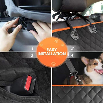 Black quilted Oxford cloth car pet mat installed in a car's rear seat, featuring a hammock design with side flaps. - Image 10