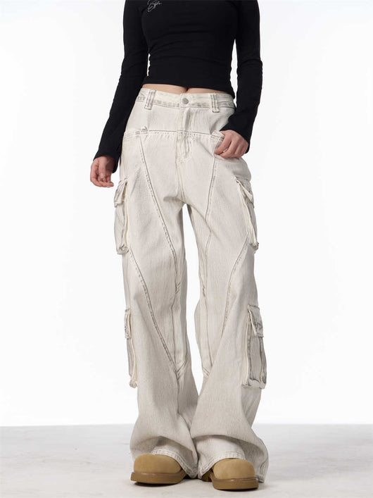 Pantalones Cargo Retro Mujer Cintura Alta Pierna Ancha Casual - Image 3