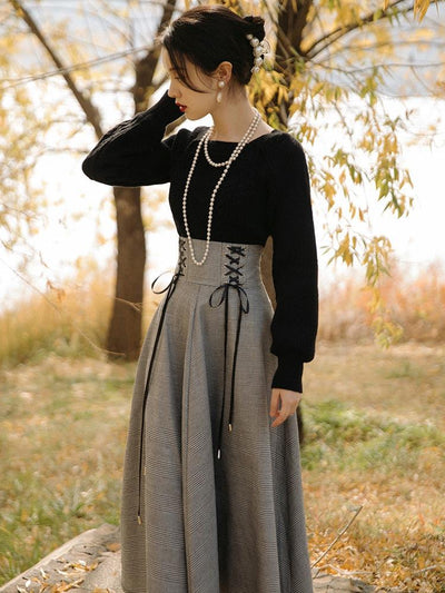 Conjunto Ejecutivo Falda Cuadrille con Corbatas Dobles para Mujer - Image 7