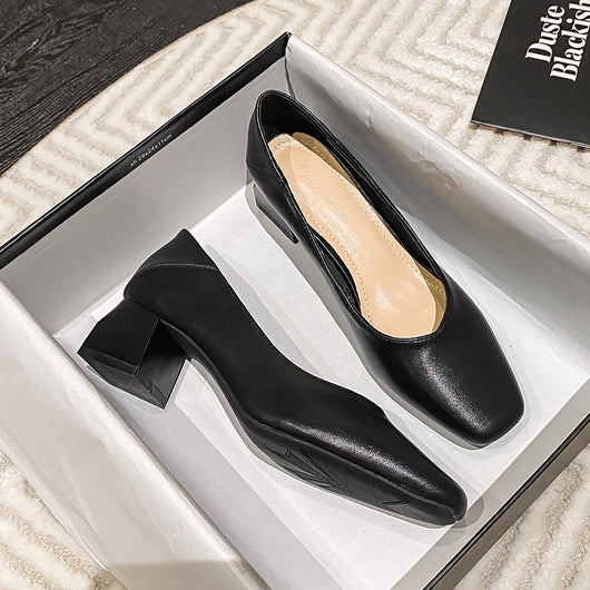 Zapatos de Cuero Genuino para Mujer con Tacón Medio y Punta Cuadrada