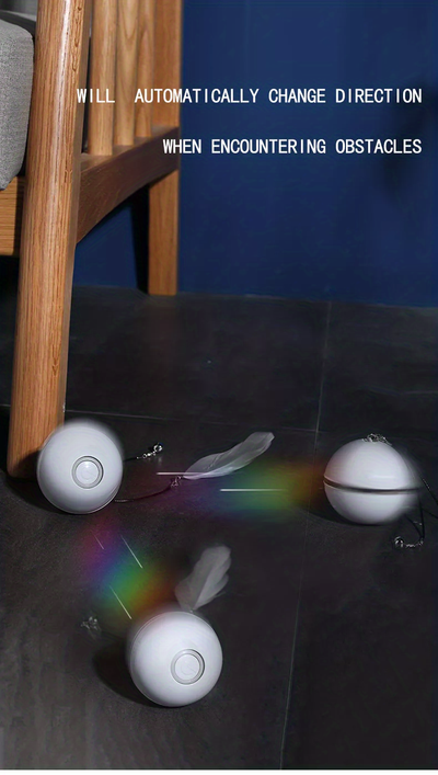 White electric interactive cat toy ball with LED light and feather attachment, shown with its white packaging box. - Image 17