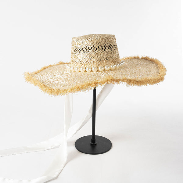 Sombrero Playero de Paja Trenzada con Ala Ancha y Borde Perlado