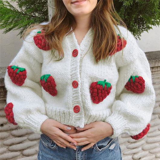 Cardigan Suelto con Fresa Cute para Mujer - Escote en V - Image 9