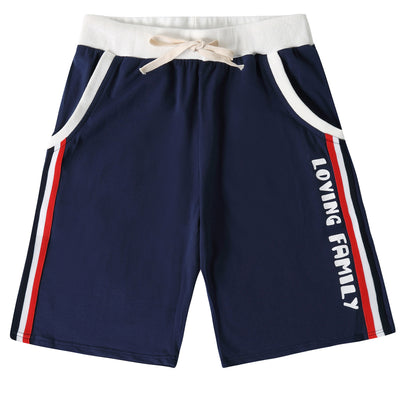 Navy blue children's shorts with white ribbed waistband, beige drawstring, and side pockets. Features red, white, and black side stripes and "LOVING FAMILY" tex - Image 7