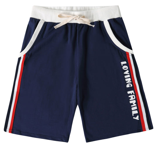 Navy blue children's shorts with white ribbed waistband, beige drawstring, and side pockets. Features red, white, and black side stripes and "LOVING FAMILY" tex - Image 7