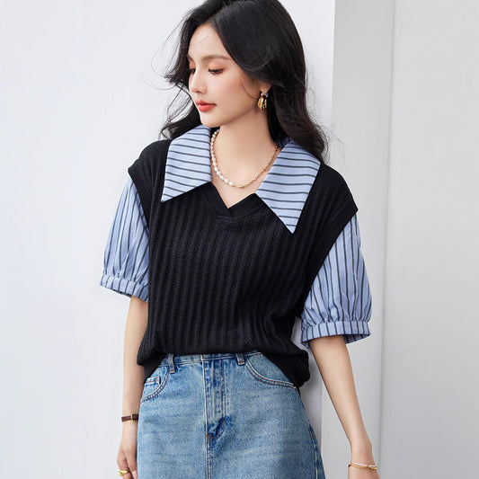 Blusa Esbeltecedora de Dos Piezas con Rayas y Mangas Puff