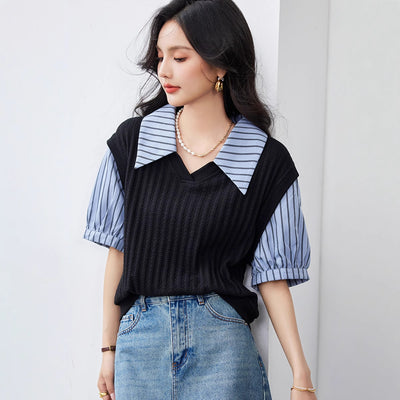 Blusa Esbeltecedora de Dos Piezas con Rayas y Mangas Puff