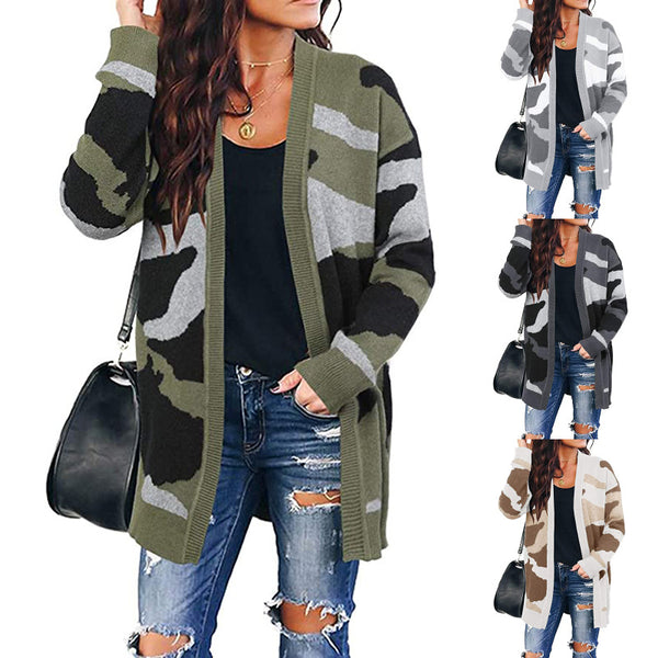 Cardigan Tejido Camuflaje Largo para Mujer