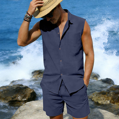Conjunto de Camisa y Pantalones Cortos de Lino para Hombre - Image 32