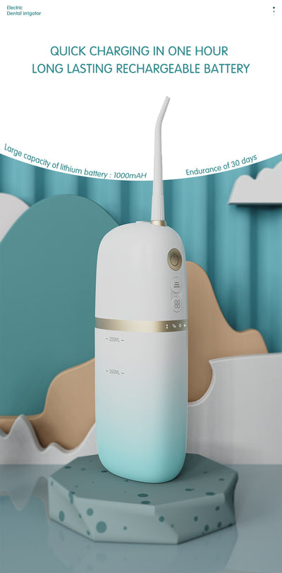 White and rose gold portable electric water flosser with a curved nozzle and volume markings for 160ml and 200ml. - Image 11
