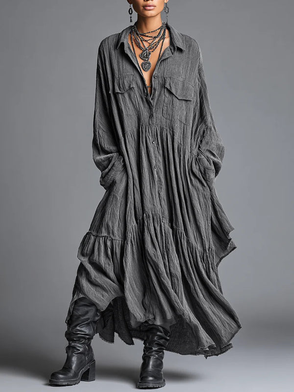 Vestido Camisero Retro Plisado Manga Larga Oversize - Image 5