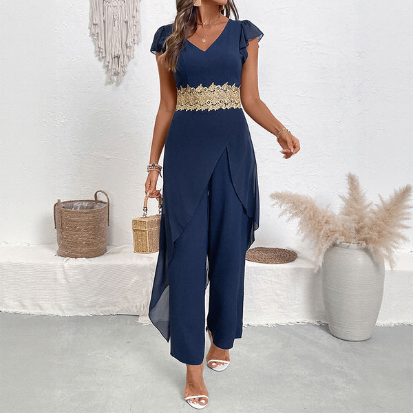 Jumpsuit Elegante con Escote en V y Detalles de Encaje