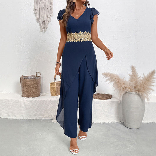 Jumpsuit Elegante con Escote en V y Detalles de Encaje - Image 2