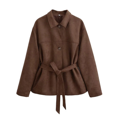Chaqueta Camisa Polo Suede con Cinturón - Manga Larga Oversize - Image 6
