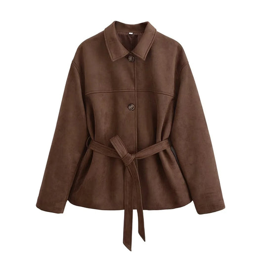 Chaqueta Camisa Polo Suede con Cinturón - Manga Larga Oversize - Image 6