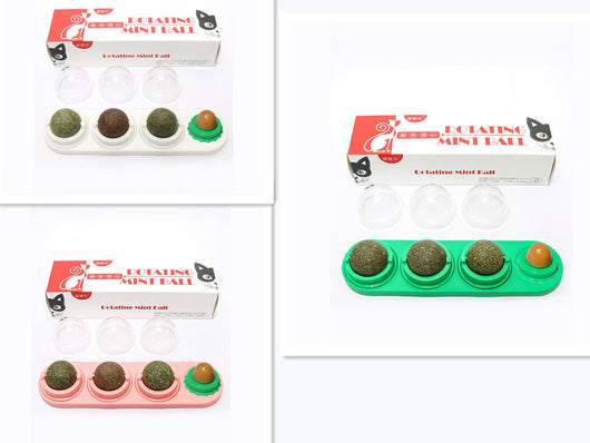 Cat toy with blue base, three rotating catnip/matatabi balls, and one licking candy, in a box labeled 'Rotating Mint Ball'. - Image 18