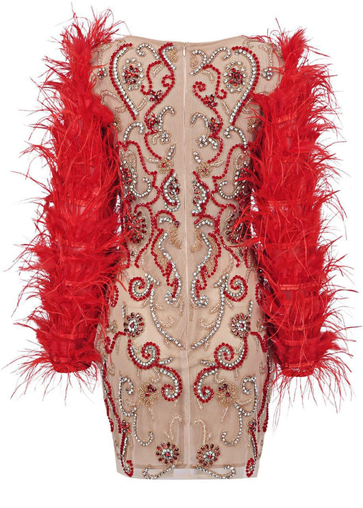 Vestido Largo de Manga Larga Rojo con Malla y Cristales - Image 10
