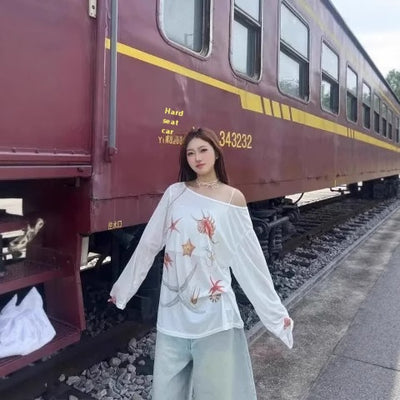Blusa de Protección Solar con Cuello Ancho y Hombros Descubiertos - Manga Larga para Mujer - Image 4