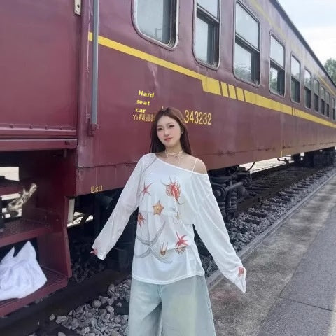 Blusa de Protección Solar con Cuello Ancho y Hombros Descubiertos - Manga Larga para Mujer - Image 4