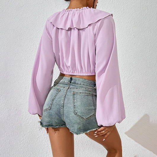 Blusa Elegante de Manga Larga con Cuello Fruncido y Volantes - Image 9