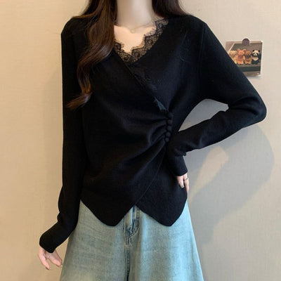 Blusa Manga Larga con Encaje Irregular y Escote en V - Image 29