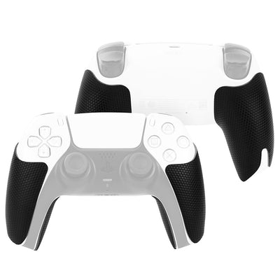Black textured controller grips for PlayStation 5, shown with packaging and wet/dry wipes. - Image 6