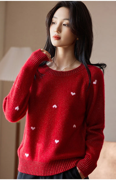 Suéter Rojo de Cuello Redondo para Mujer con Motivo de Corazón - Image 9