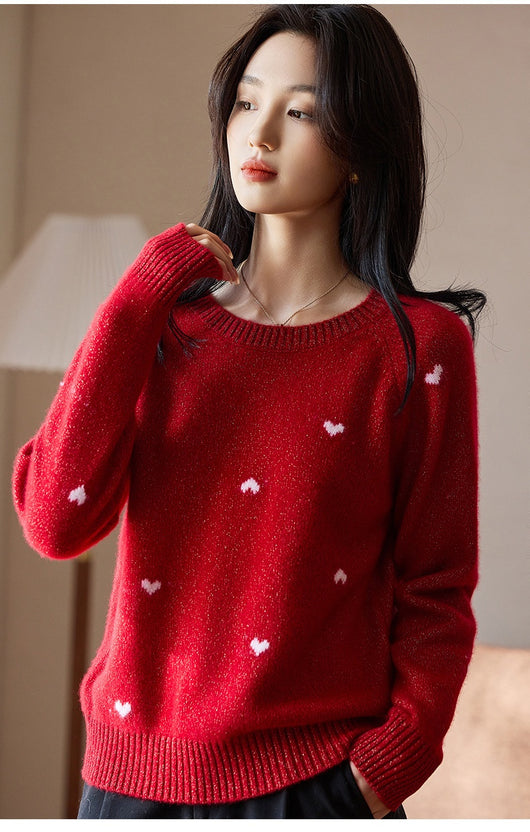 Suéter Rojo de Cuello Redondo para Mujer con Motivo de Corazón - Image 9