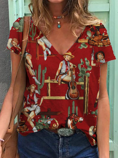 Playera Cuello V Estampado Retro 3D para Mujer - Image 12