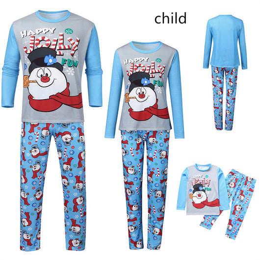 Christmas parent-child long sleeve pajamas with a snowman graphic on grey and blue tops, and patterned pants. - Image 9