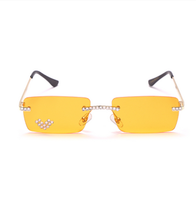 Frameless rectangular sunglasses with pink gradient lenses, gold-tone metal arms, and rhinestone embellishments. - Image 19