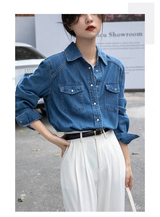 Camisa Denim Retro Azul - Prenda Versátil de Manga Larga - Image 17
