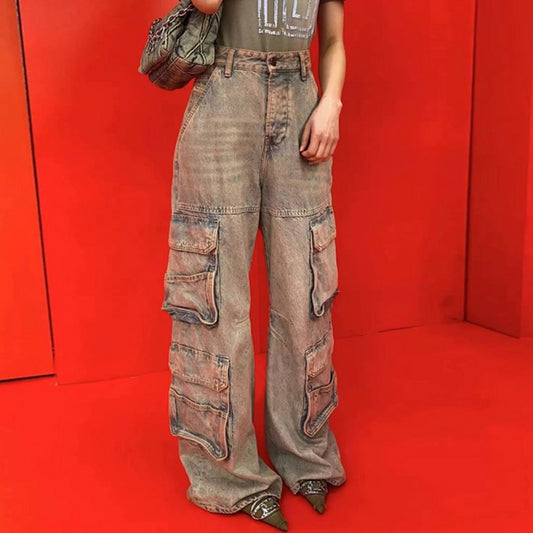 Pantalones Cargo Multibolsillos Estilo Urban Lavado Desgastado