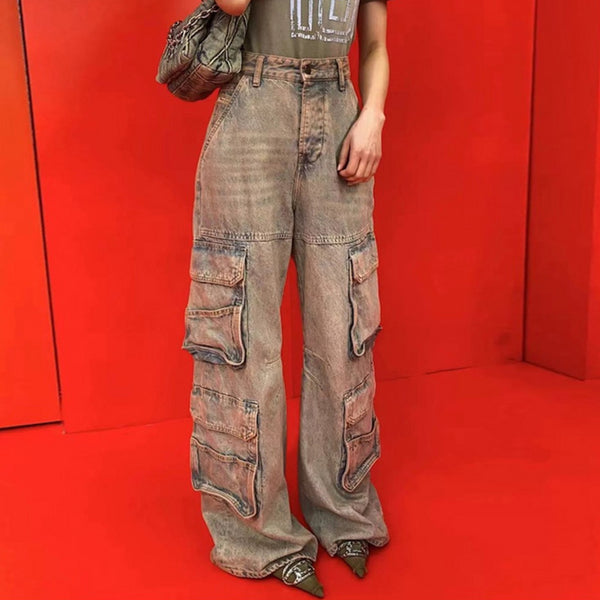 Pantalones Cargo Multibolsillos Estilo Urban Lavado Desgastado