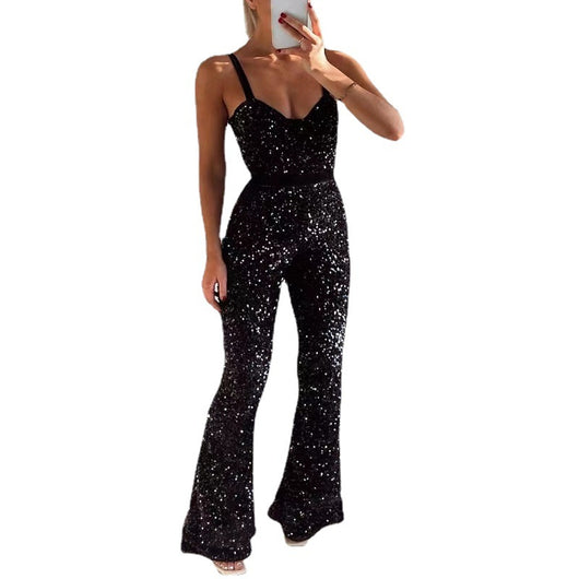 Jumpsuit Elegante con Lentejuelas y Tirantes Ajustables - Diseño Acampanado - Image 5